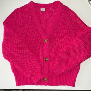 Hot pink shaker-knit cardigan. V-neck. a new day. Cotton/acrylic. Hits at waist.